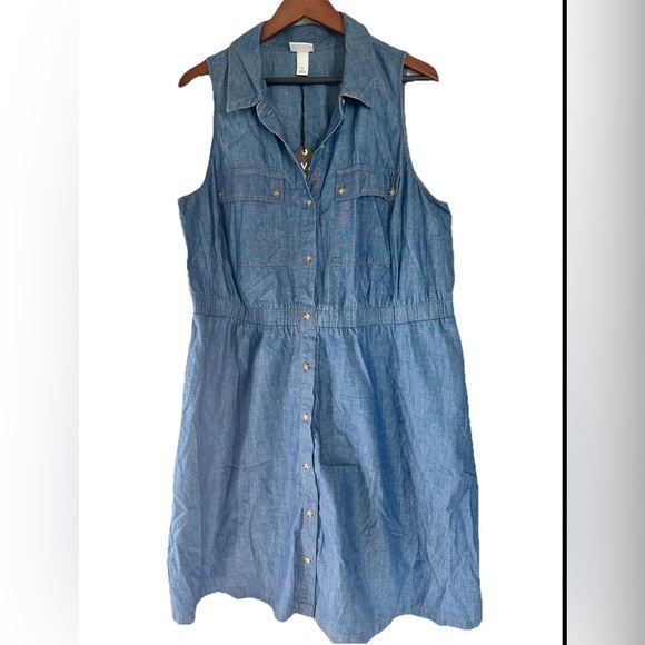 Women's Denim Sleeveless Mini Shirtdress  Ava & Viv Dark denim Wash - Picture 1 of 10